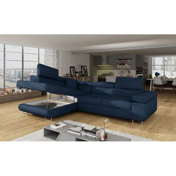Син кадифен разтегателен ъглов диван с място за съхранение (ляв ъгъл L форма) Anton – ELTAP-image-4
