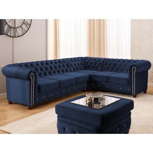 Син кадифен сгъваем ъглов диван (десен ъгъл/L форма) York Blik – Ropez-image-1