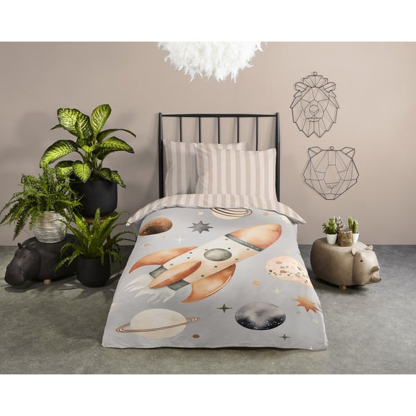 Сиво-бежово единично  памучно детско спално бельо 140x200 cm Explore – Good Morning-image-1