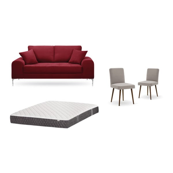 Комплект от червен двуместен диван, 2 сиво-бежови стола и матрак 140 x 200 cm - Home Essentials