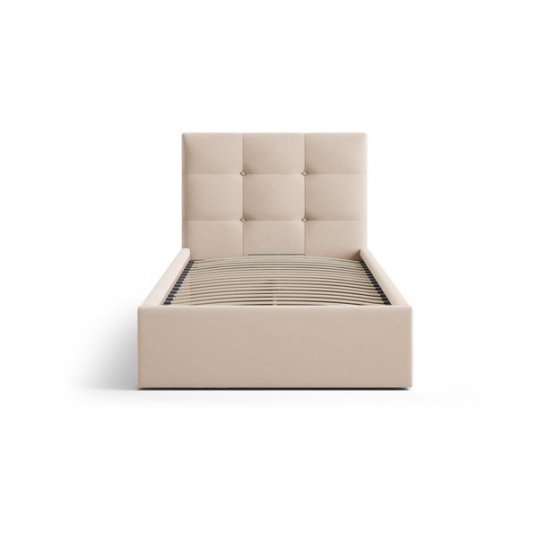 Светлокафяво единично легло 90x200 cm тапицирано с място за съхранение с включена подматрачна рамка Phaedra – Micadoni -image-3