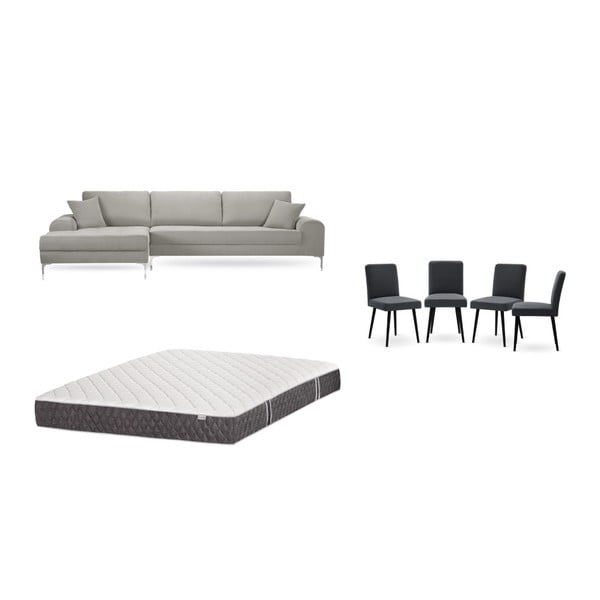 Комплект от светлосив диван с шезлонг вляво, 4 антрацитно сиви стола и матрак 160 x 200 cm - Home Essentials