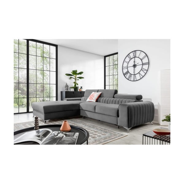 Сив кадифен разтегателен ъглов диван с място за съхранение (ляв ъгъл) Grayson – ELTAP-image-1