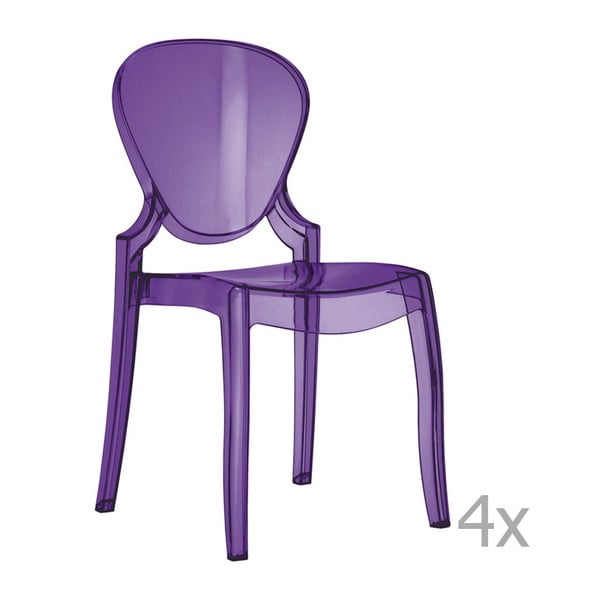 Sada 4 transparentních fialových jídelních židlí Pedrali Queen