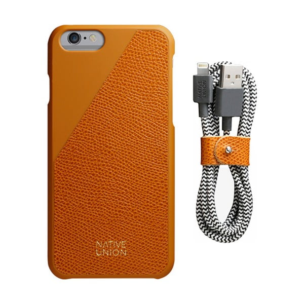 Комплект от оранжев калъф от естествена кожа и кабел за зареждане за iPhone 6 и 6S Plus Clic Leather Belt - Native Union
