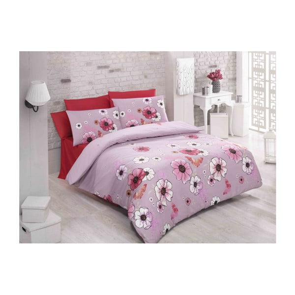 Памучно спално бельо с чаршаф и 2 калъфки за възглавници за двойно легло Fleur, 200 x 220 cm - Mijolnir
