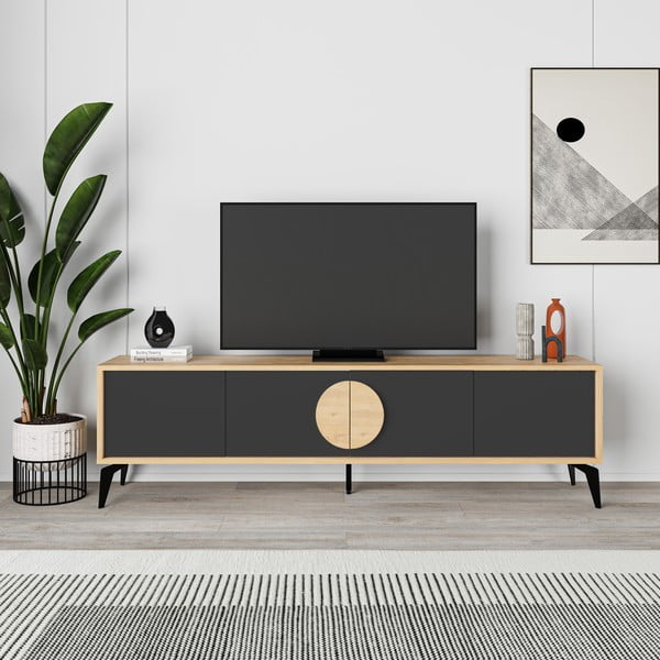 Масичка за телевизор с дъбов декор в черен и естествен цвят 180x51 cm Vae - Marckeric-image-4