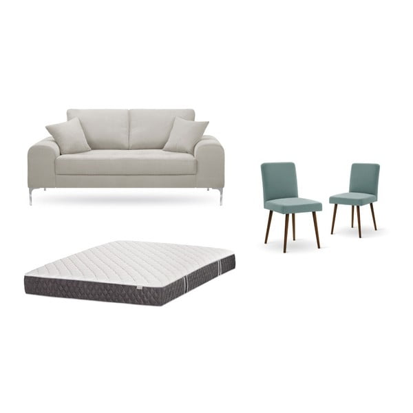 Комплект от двуместен кремав диван, 2 сиво-зелени стола и матрак 140 x 200 cm - Home Essentials