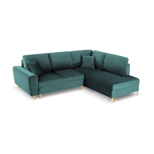 Кадифен разтегателен ъглов диван с място за съхранение в петролен цвят (десен ъгъл/L форма) Kyoto – Cosmopolitan Design-image-1