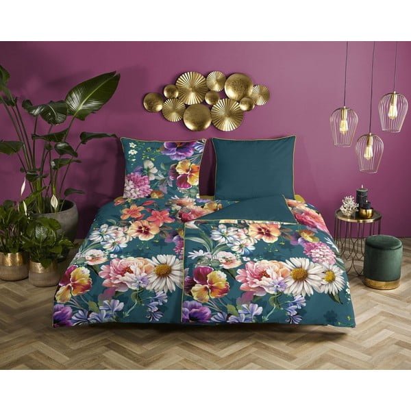 Петролено син чаршаф от органичен памук за единично легло Sunflower, 140 x 200 cm Organic - Descanso-image-1