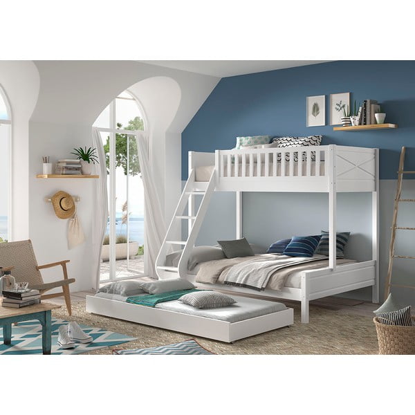 Бяло двуетажно детско легло от масивен бор с място за съхранение 140x200/90x200 cm SCOTT – Vipack-image-1