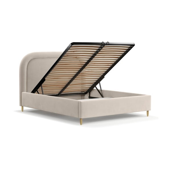 Бежово тапицирано двойно легло с място за съхранение с включена подматрачна рамка 140x200 cm Mija – Maison de Rêve-image-3