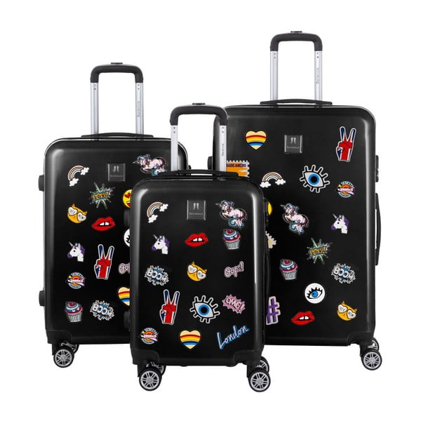 Комплект от 3 черни куфара за пътуване със стикери Стикери - Berenice