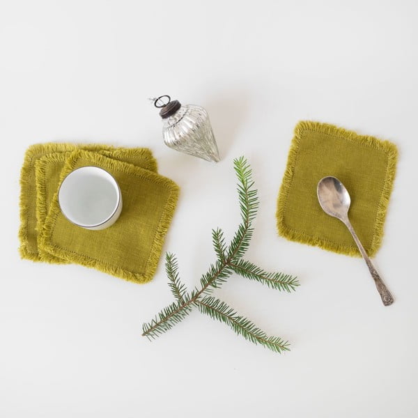 Комплект от 4 зелени ленени подложки Classic, 10 x 10 cm - Linen Tales-image-1