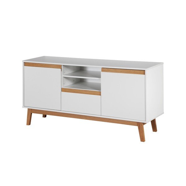 Bílá komoda s podnožím a dřevěnými detaily Dřevotvar Ontur 12-image-2