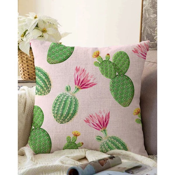 Розова и зелена калъфка за възглавница от памучна смес Blooming Cactus, 55 x 55 cm - Minimalist Cushion Covers