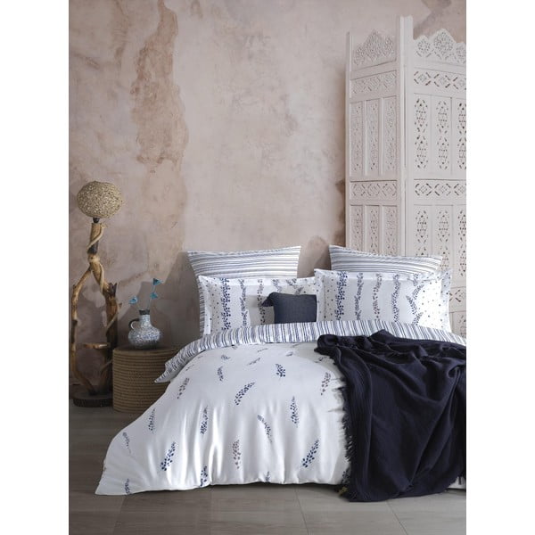 Бяло/синьо  двойно удължено спално бельо от памучен сатен 240x220 cm Marseille Floral – Mila Home Luxury
