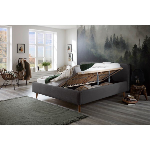 Тъмносиво двойно легло 180x200 cm тапицирано с място за съхранение с включена подматрачна рамка Mattis Cord – Meise Möbel-image-1