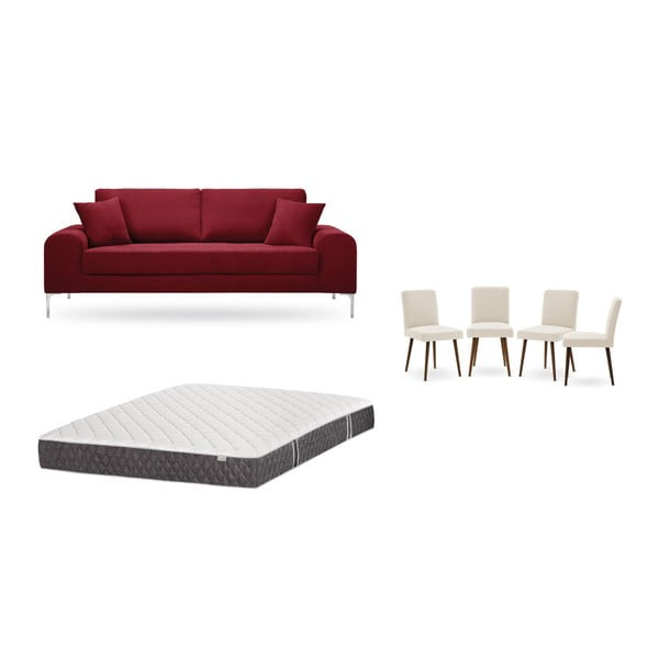 Комплект от триместен червен диван, 4 кремави стола и матрак 160 x 200 cm - Home Essentials