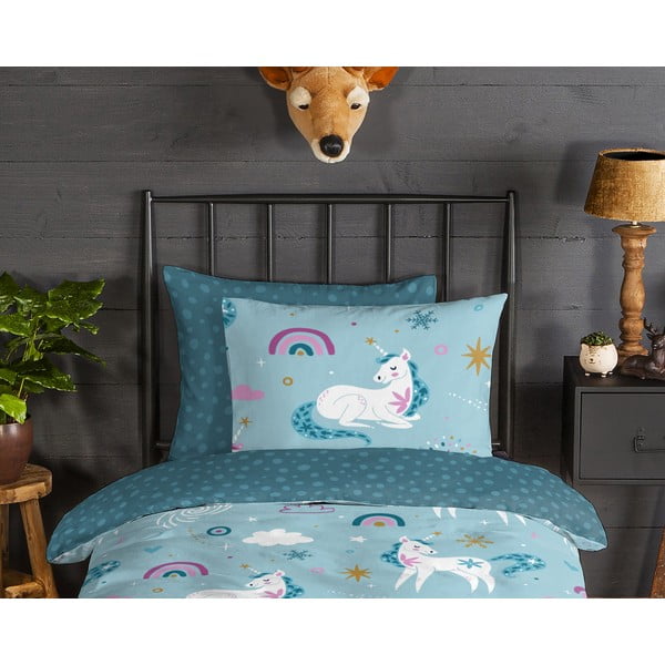 Синьо  единично удължено фланелено детско спално бельо 140x220 cm Snowycorn – Good Morning-image-2