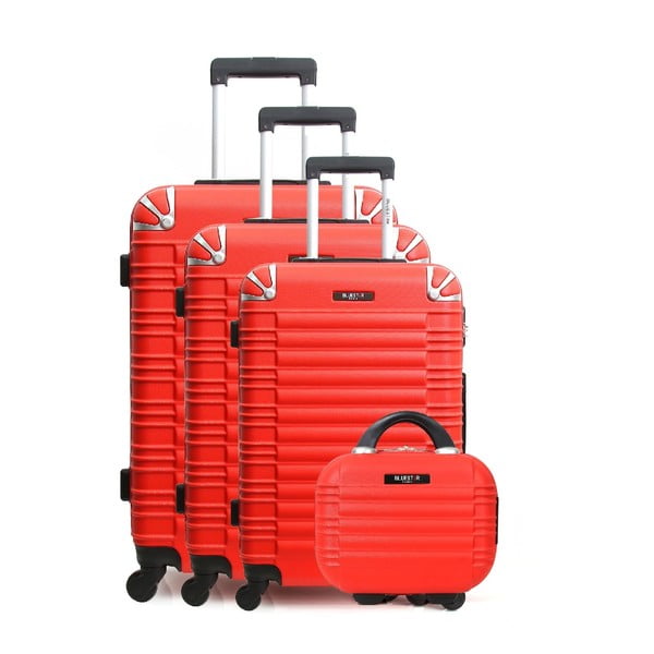 Комплект от 4 червени пътнически куфара на колелца и куфарче за суета Vanity - Bluestar