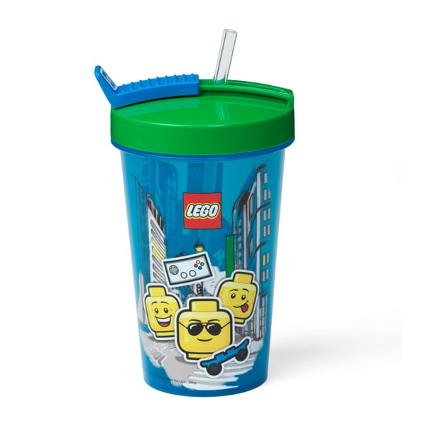 Синя чаша със зелен капак и сламка , 500 ml Iconic - LEGO®