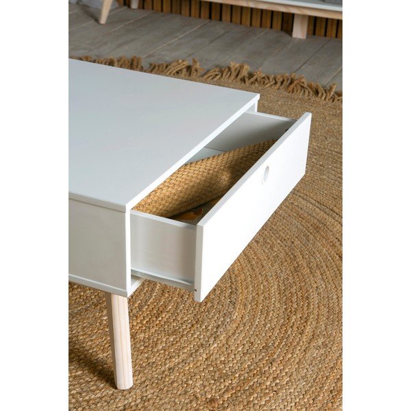 Бяла масичка за кафе с 2 чекмеджета и крака от борова дървесина Kiara - Marckeric-image-1