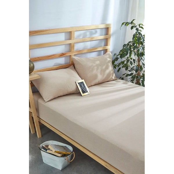 Бежови еластични памучни чаршаф и калъфка за възглавница в комплект 180x200 cm – Mila Home