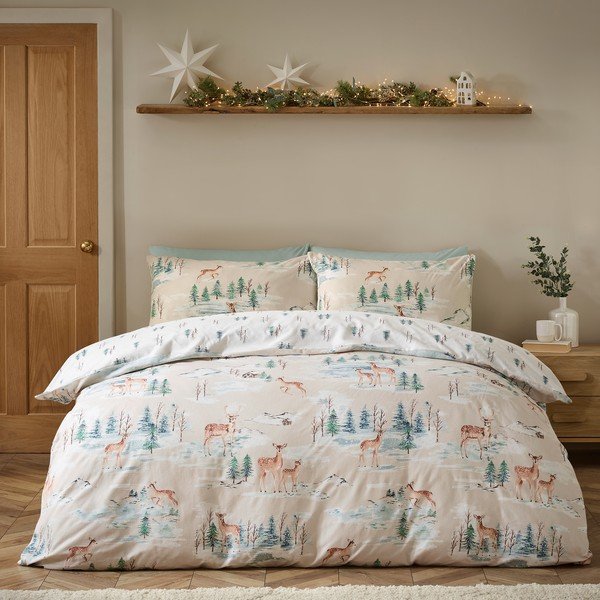 Единично  фланелено спално бельо в естествен цвят 135x200 cm Brushed Christmas Deer – Catherine Lansfield-image-2