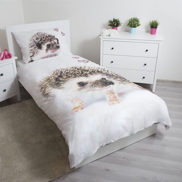 Бяло-кафяво единично  памучно детско спално бельо 140x200 cm Hedgehog – Jerry Fabrics-image-1