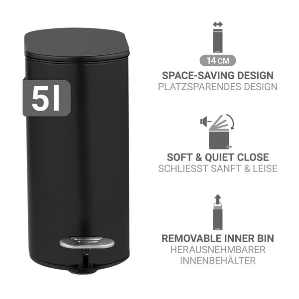 Матово черно стоманено кошче за боклук с педал 5 l Collungo – Wenko-image-2