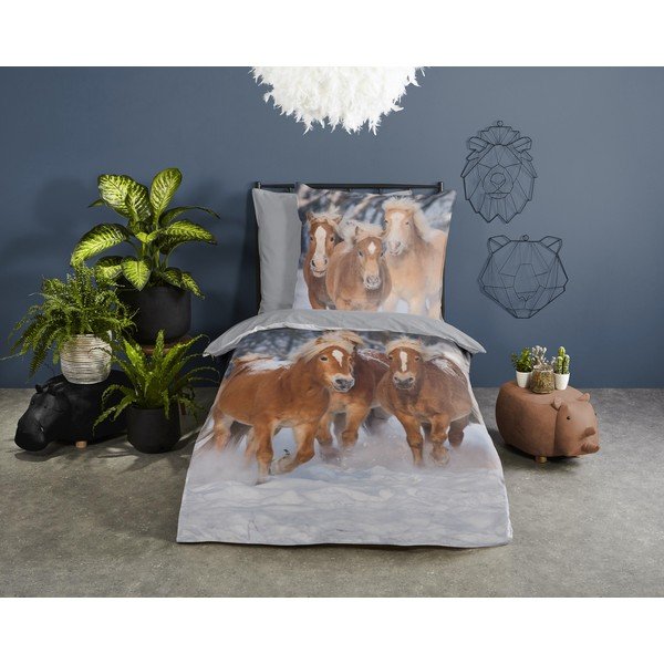 Сиво единично  фланелено детско спално бельо 140x200 cm Happy Horses – Good Morning-image-1