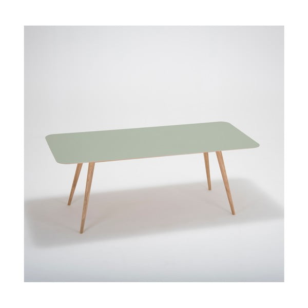 Jídelní stůl z masivního dubového dřeva se zelenou deskou Gazzda Linn, 200 x 90 cm