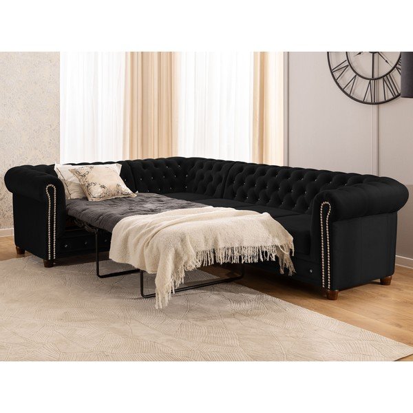 Черен кадифен сгъваем ъглов диван (ляв ъгъл/L форма) York Blik – Ropez-image-1