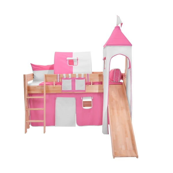 Dětská patrová postel se skluzavkou a růžovo-bílým hradním bavlněným setem Mobi furniture Luk, 200 x 90 cm