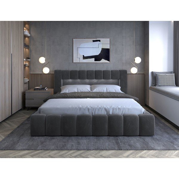 Сиво тапицирано двойно легло с място за съхранение и включена подматрачна рамка 160x200 cm Lamica – ELTAP-image-2