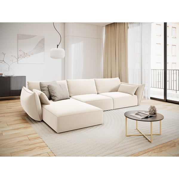 Бежов кадифен ъглов диван (ляв ъгъл) Vanda – Mazzini Sofas-image-1