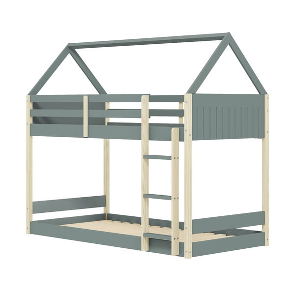 Къща/двуетажно детско легло 90x190 cm с включена подматрачна рамка в естествен цвят/сиво-зелено Valka – Marckeric-image-3