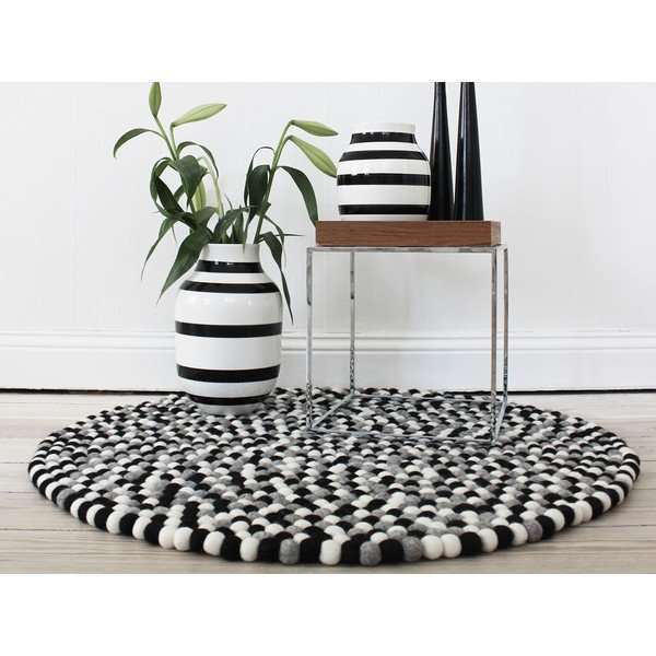Черно-бял вълнен килим с топки , ⌀ 120 cm Ball Rugs - Wooldot-image-2