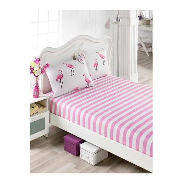 Комплект от памучен розов чаршаф и 1 калъфка за възглавница за единично легло Фламинго, 100 x 200 cm - Mijolnir