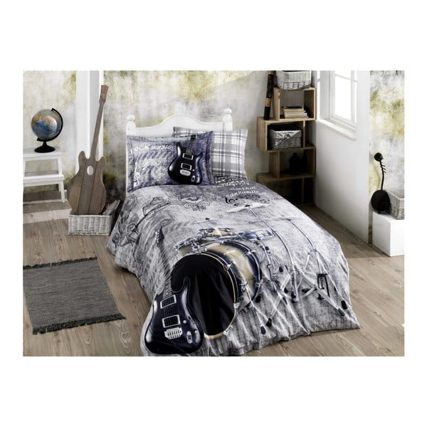 Спално бельо от памучен поплин с чаршаф за двойно легло Rock Music Grey, 160 x 220 cm - Mijolnir