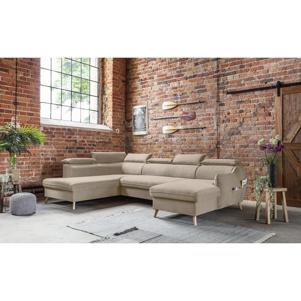 Бежов кадифен ъглов разтегателен диван във формата "U" (ляв ъгъл) Sweet Harmony - Miuform-image-3