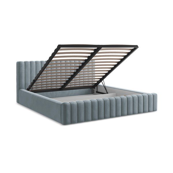 Светлосиньо двойно легло 160x200 cm тапицирано с място за съхранение с включена подматрачна рамка Lemi – Makamii-image-3