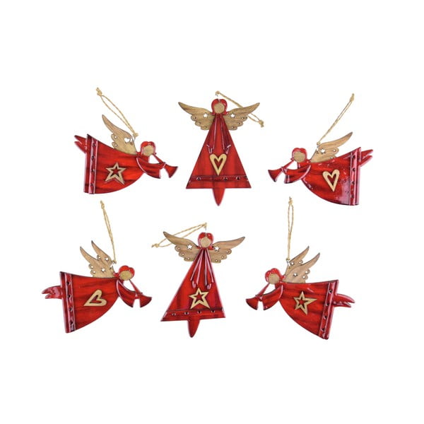 Комплект от 6 червени коледни орнамента с ангели - Ego Dekor