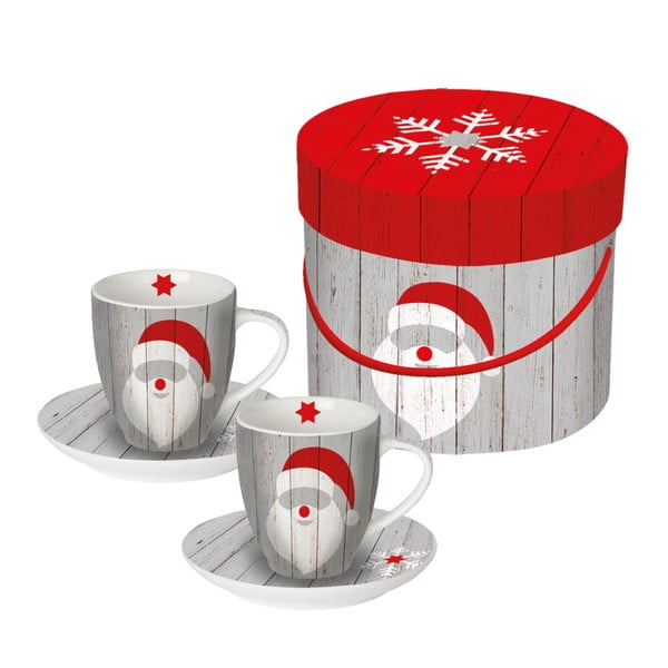 Комплект от 2 чаши за еспресо от костен порцелан с коледен мотив в кутия за подаръци Santa On Wood, 100 ml - PPD