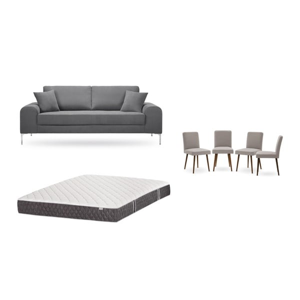 Комплект от триместен сив диван, 4 сиво-бежови стола и матрак 160 x 200 cm - Home Essentials