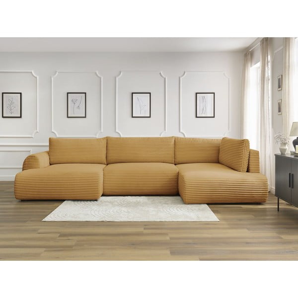 Сгъваем/с място за съхранение ъглов диван от рипсено кадифе в цвят горчица (десен ъгъл/U форма) Lucien – Bobochic Paris-image-1