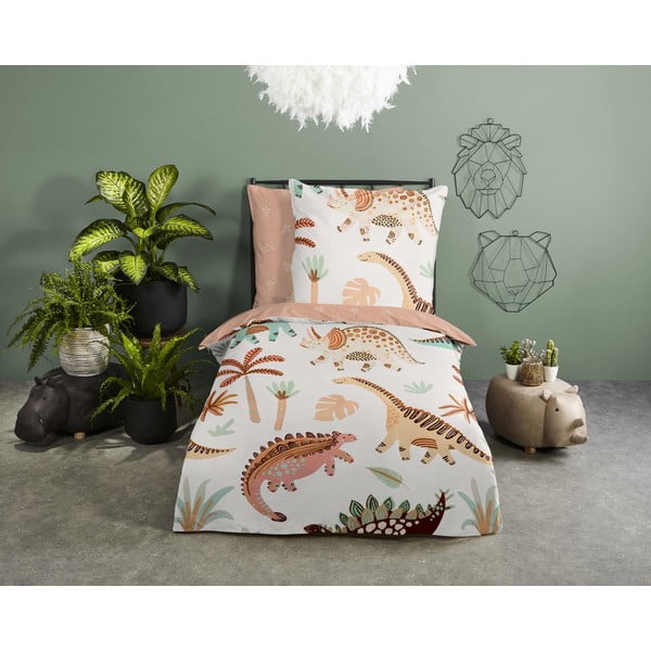 Кафяво-бежово единично  памучно детско спално бельо 140x200 cm Dino – Good Morning-image-1