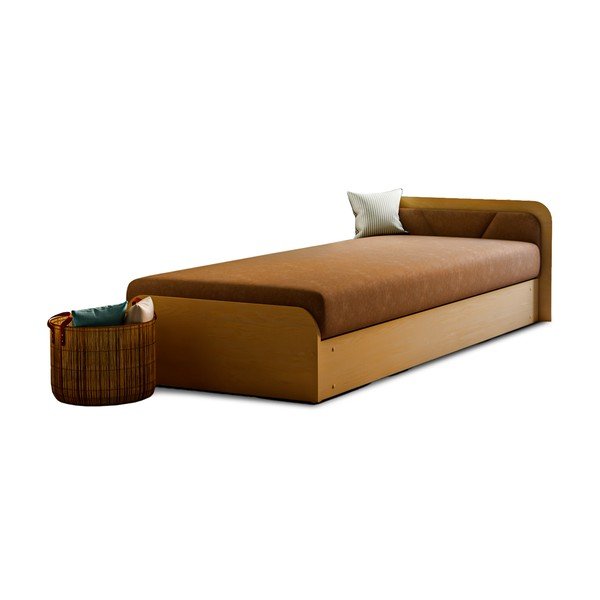 Единично тапицирано легло ПДЧ с място за съхранение с включен матрак в цвят жълта охра кафяво 80x190 cm Parys – ELTAP