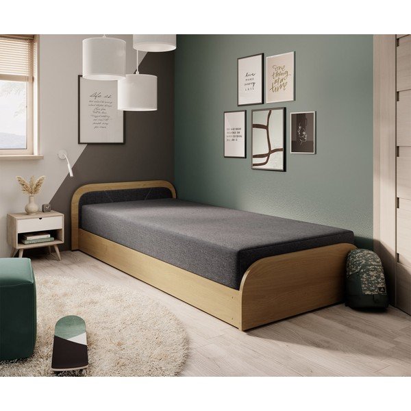 Единично тапицирано легло ПДЧ с място за съхранение с включен матрак в цвят жълта охра тъмносиво 80x190 cm Parys – ELTAP-image-1